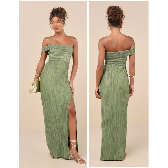 Lulu's Dresses & Skirts - Lulus Poised Performance Olive Green Plisse One-Shoulder Maxi Dress Size Large